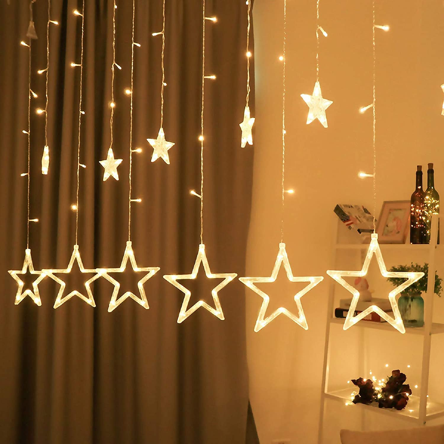 12 Stars Curtain String Lights @ ₹ 349 Window Curtain Lights with 8 Flashing Modes Decoration for Christmas, Wedding, Party, Star Series Light, Home, Patio Lawn, Warm White